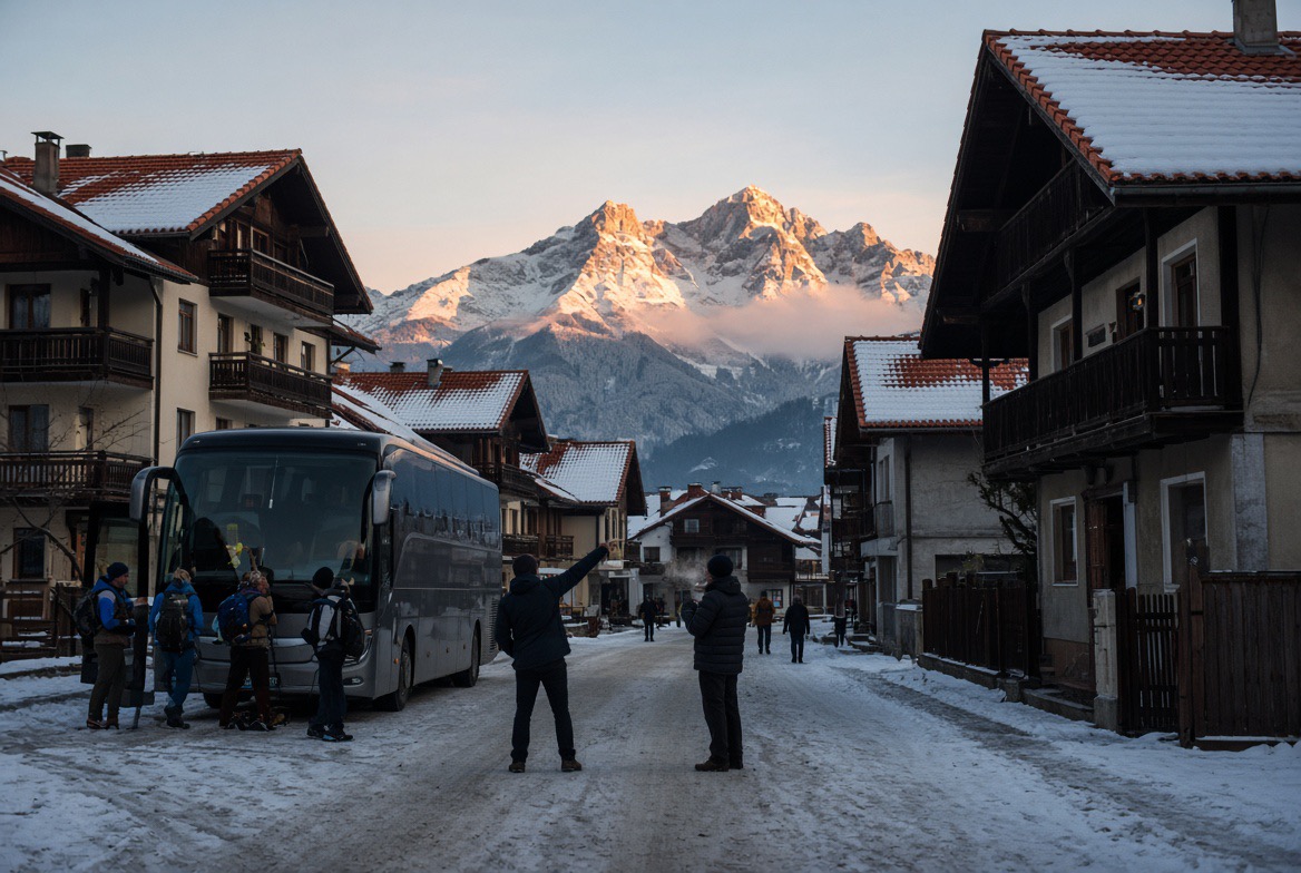 Ταξιδιώτες φτάνουν με το Snowbus στο χιονισμένο Μπάνσκο τον Δεκέμβριο